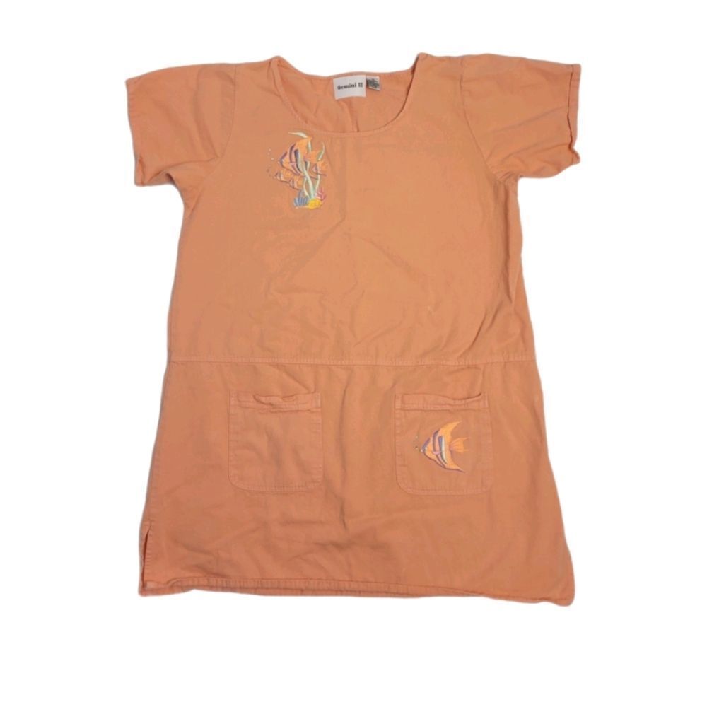 VINTAGE 90s dress orange‎ embroidered tropical fish cotton shift 1X